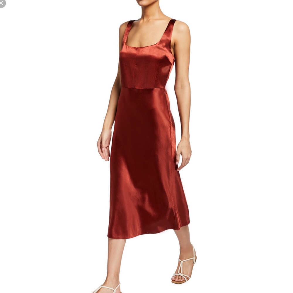 Vince Slim Fitted Satin Midi Dress Size 6 Women Sleeveless Square Neck Acetate